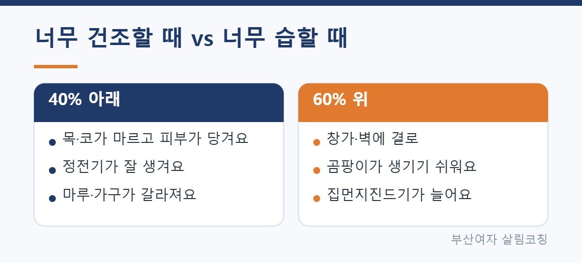 실내 습도가 너무 낮을 때와 높을 때 비교